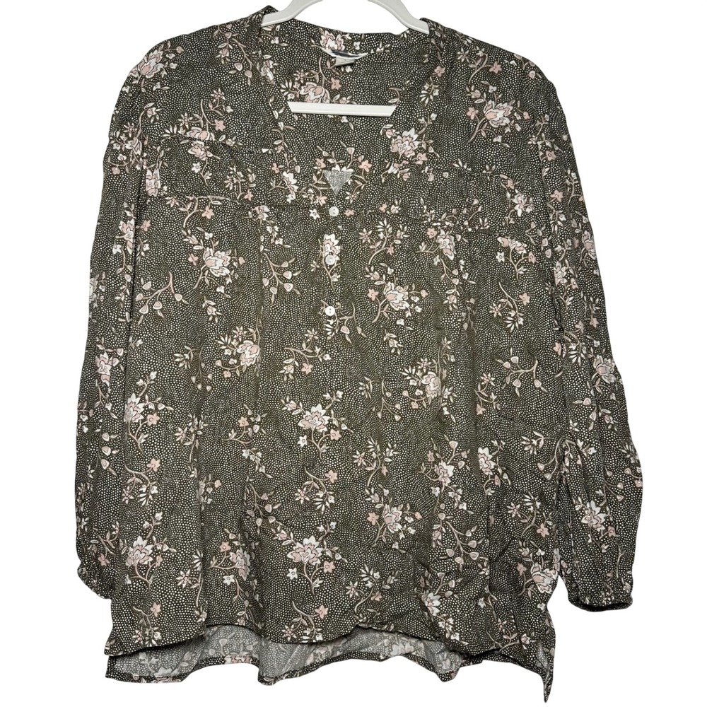 Caslon Womens Size L Floral Print Long Sleeve V Neck Button Up‎ Blouse Top